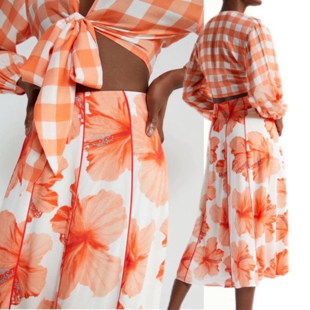 Farm Rio Gingham Contrast Top Skirt Set Floral Check Size S Anthropologie